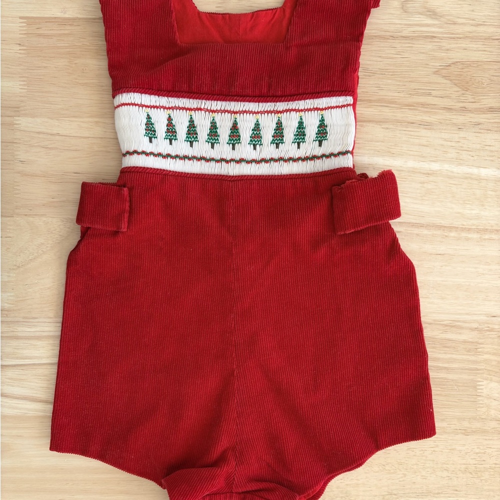 Corduroy Romper with Christmas Tree Smocking